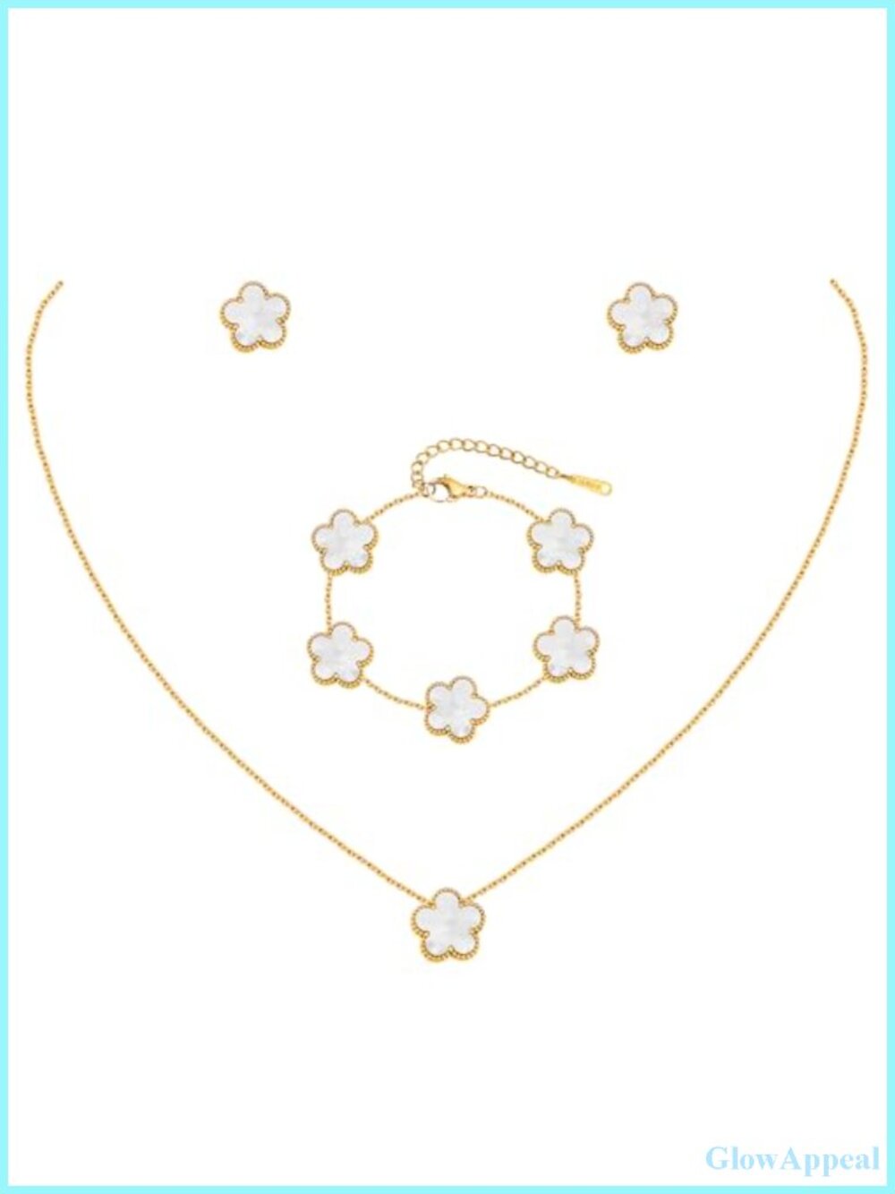 18K Gold Plated Floral Jewelry Set - Necklace Bracelet Earrings Stainless Steel